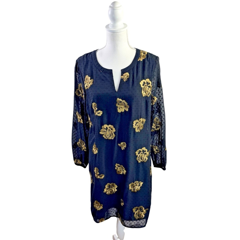 Cabi ‎ Occasion Dress in Swiss Dot Black Gold  Rose Embroidered Size Small 3697
